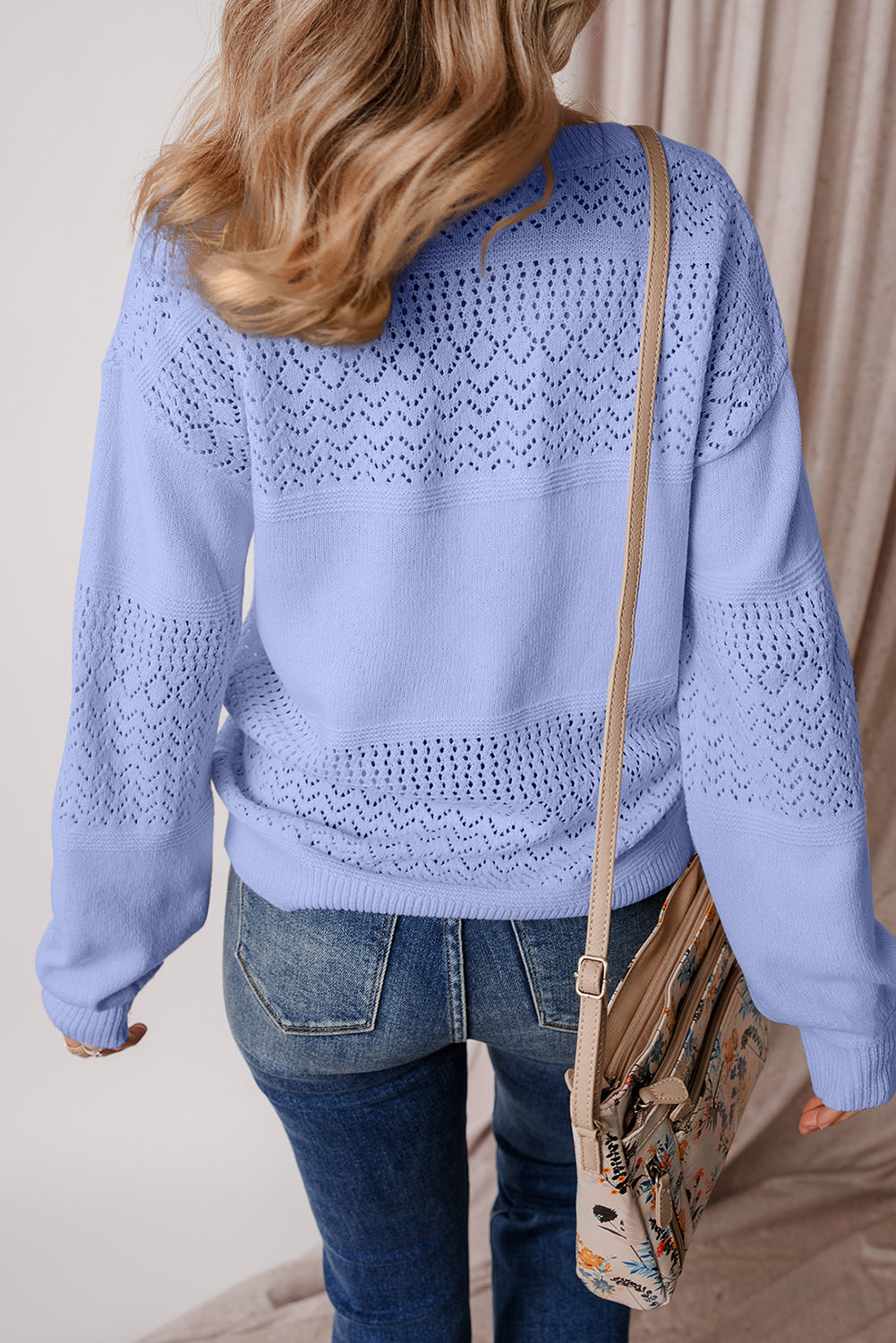 Brown Eyelet Pattern Detail V Neck Drop Shoulder Sweater