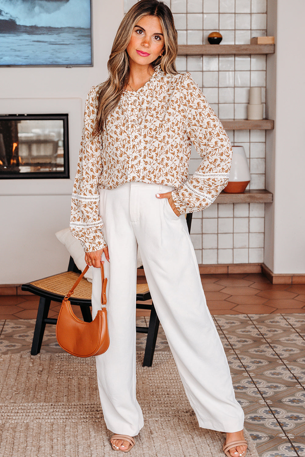 Green Printed Lace Detail Floral Puff Sleeve Fall Shirt