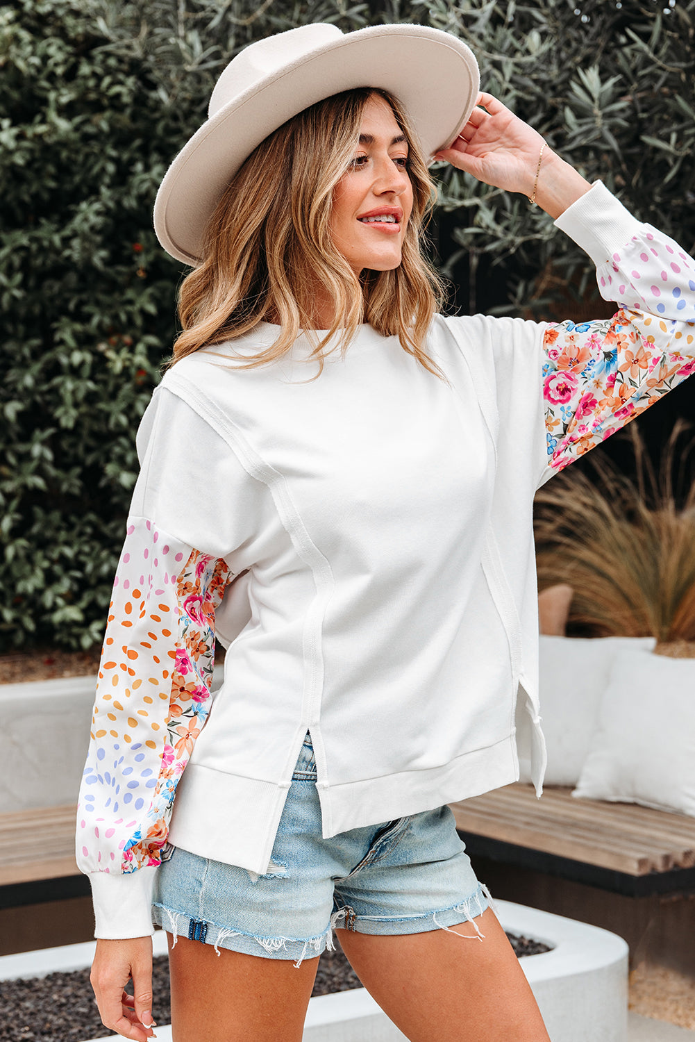 Casual Sweatshirt White Floral Dotted Mixed Print Patchwork Sleeve High Low