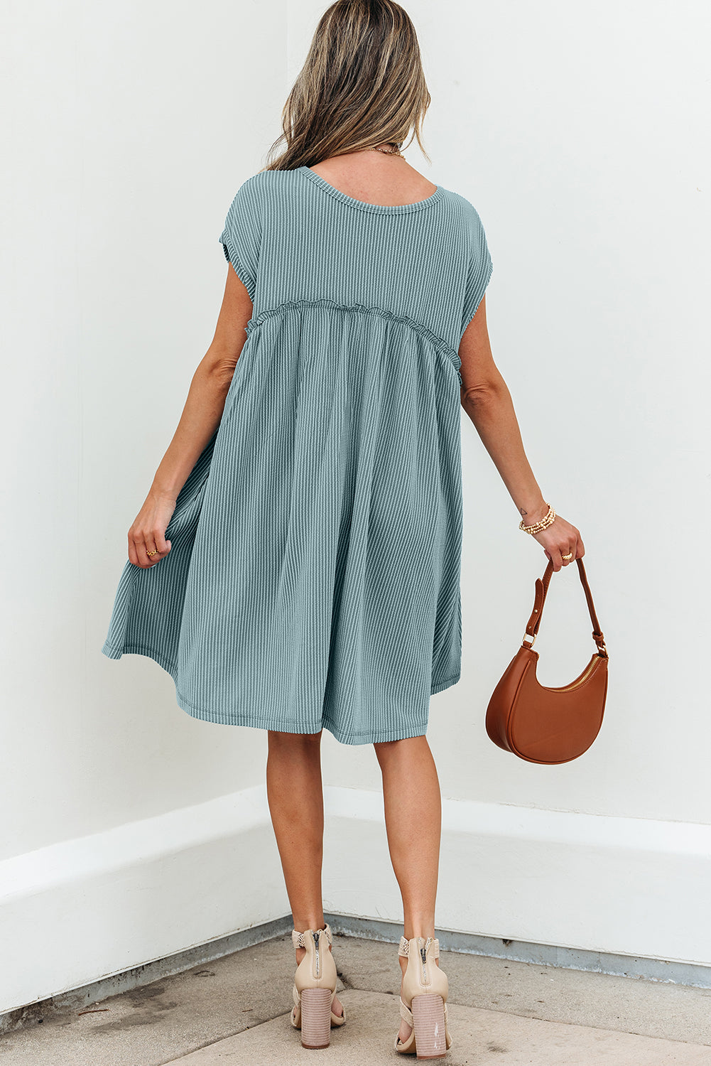 Corded Knit Textured Patched Pocket Frilled Swing Mini Dress with Pockets Dusty Pink