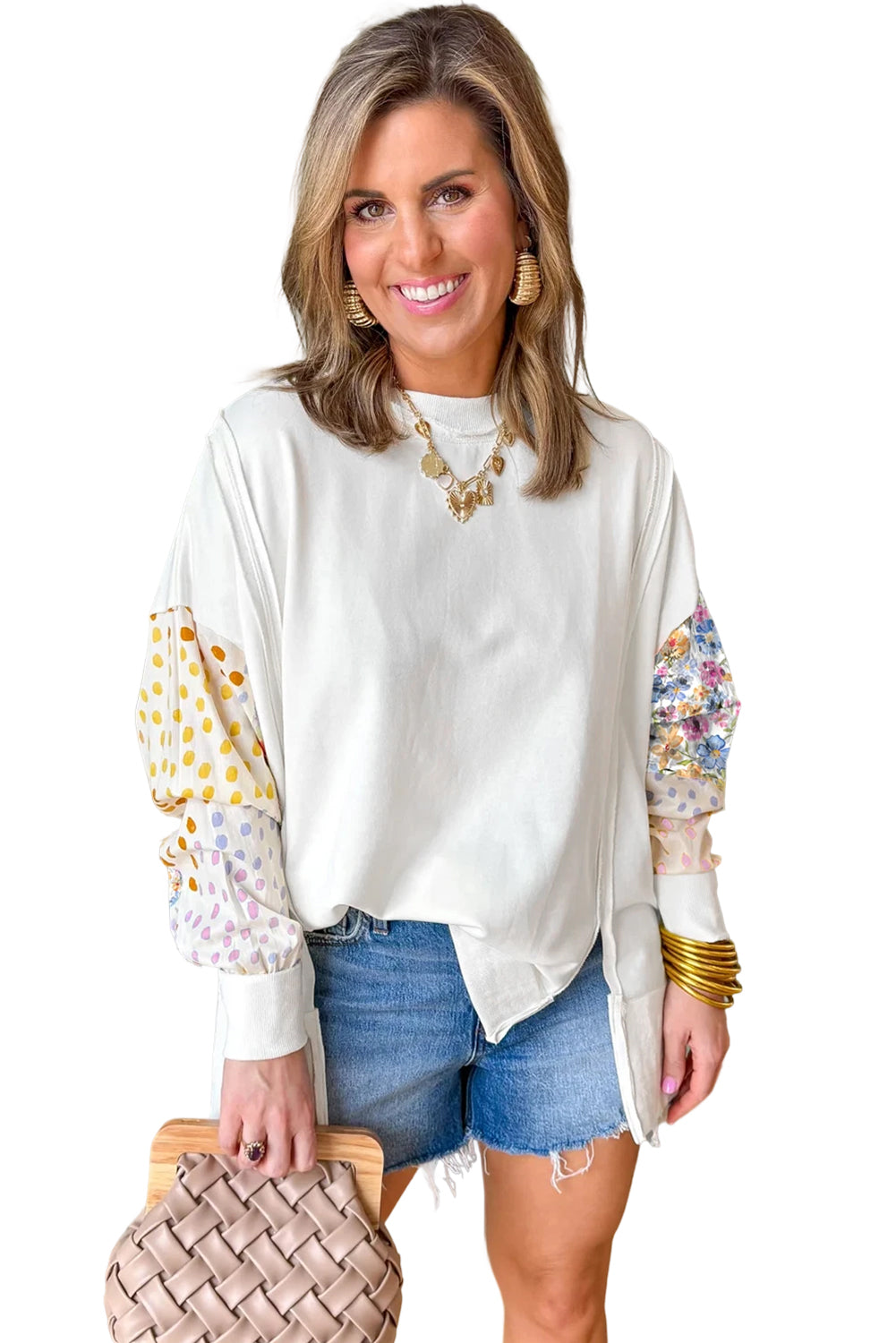 Casual Sweatshirt White Floral Dotted Mixed Print Patchwork Sleeve High Low