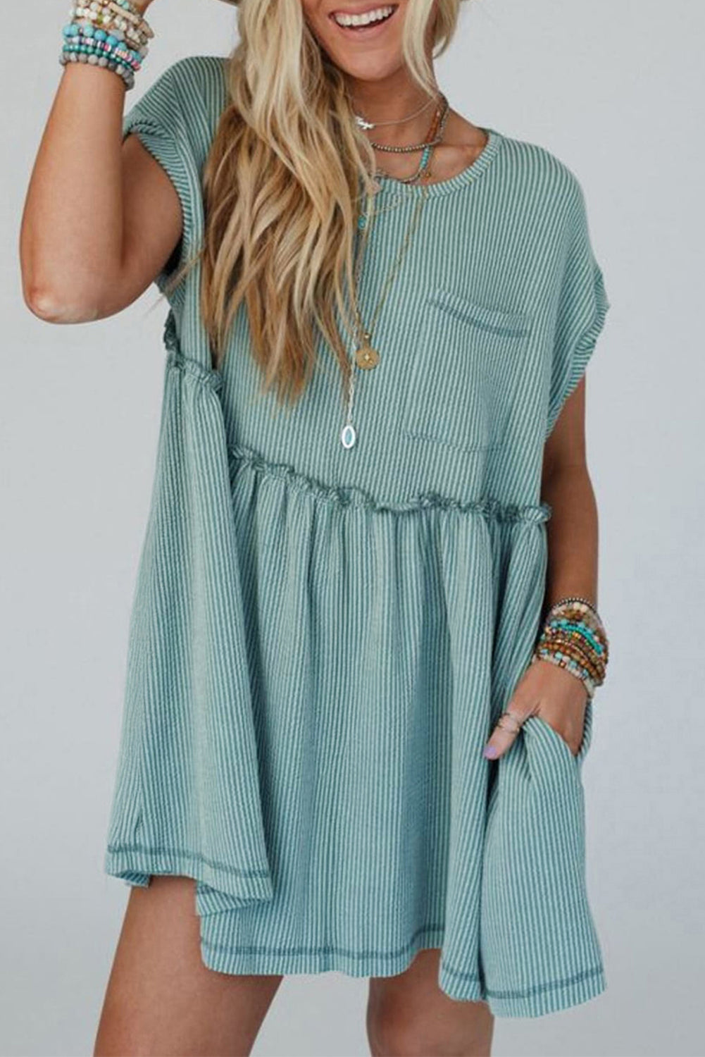 Corded Knit Textured Patched Pocket Frilled Swing Mini Dress with Pockets Dusty Pink