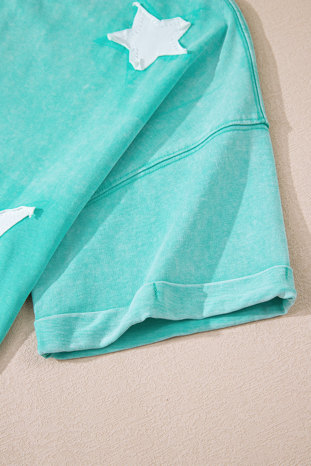 Mint Green Acid Wash Star Patched Rolled Trim Pants Set
