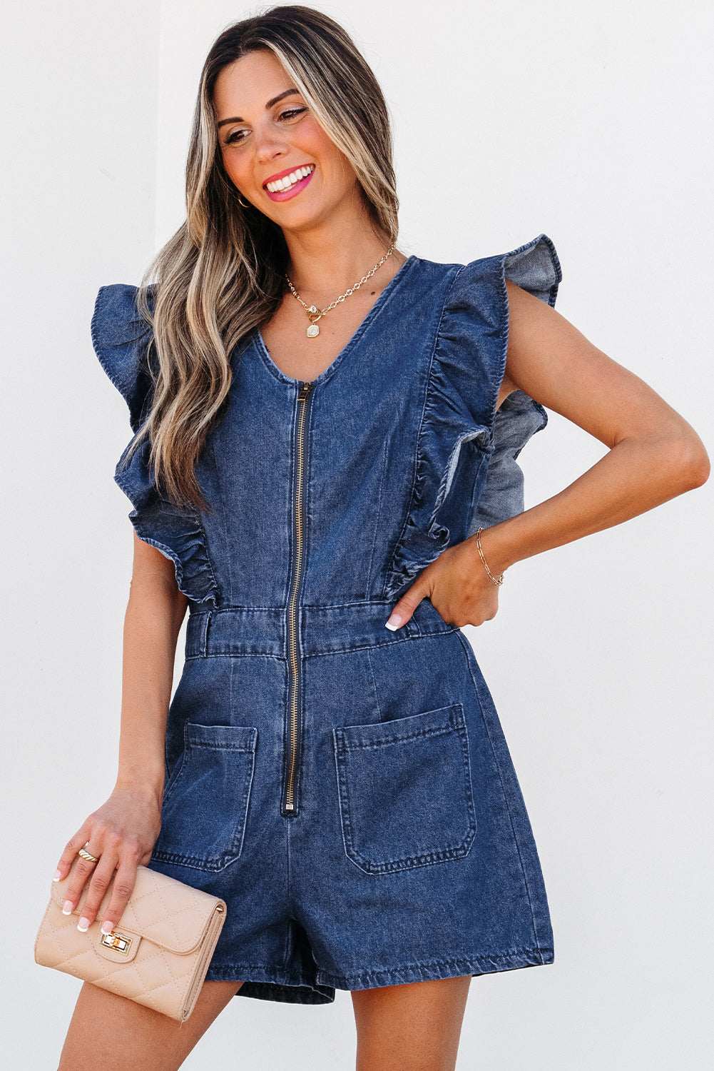 Belted Romper Sail Blue Denim Ruffled Zipped Front