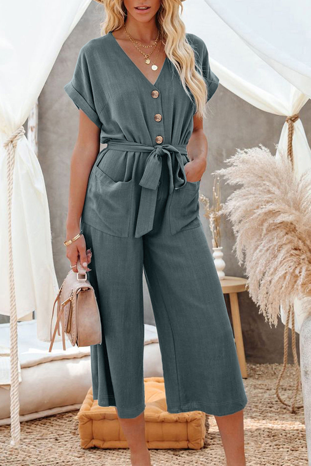 Pocketed Jumpsuit Black Dolman Button Belted V Neck Wide Leg