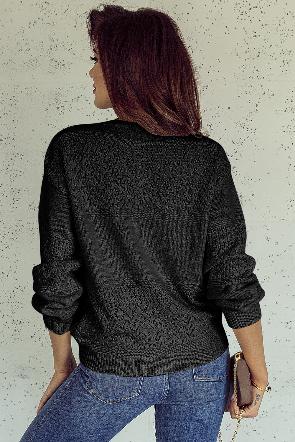 Brown Eyelet Pattern Detail V Neck Drop Shoulder Sweater