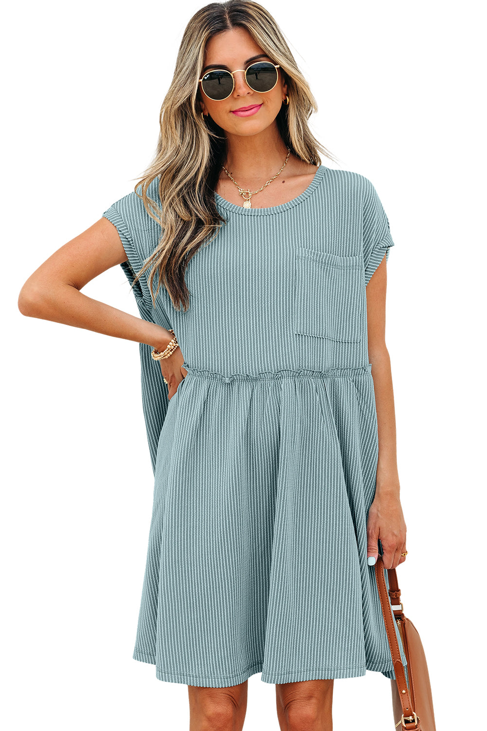 Corded Knit Textured Patched Pocket Frilled Swing Mini Dress with Pockets Dusty Pink