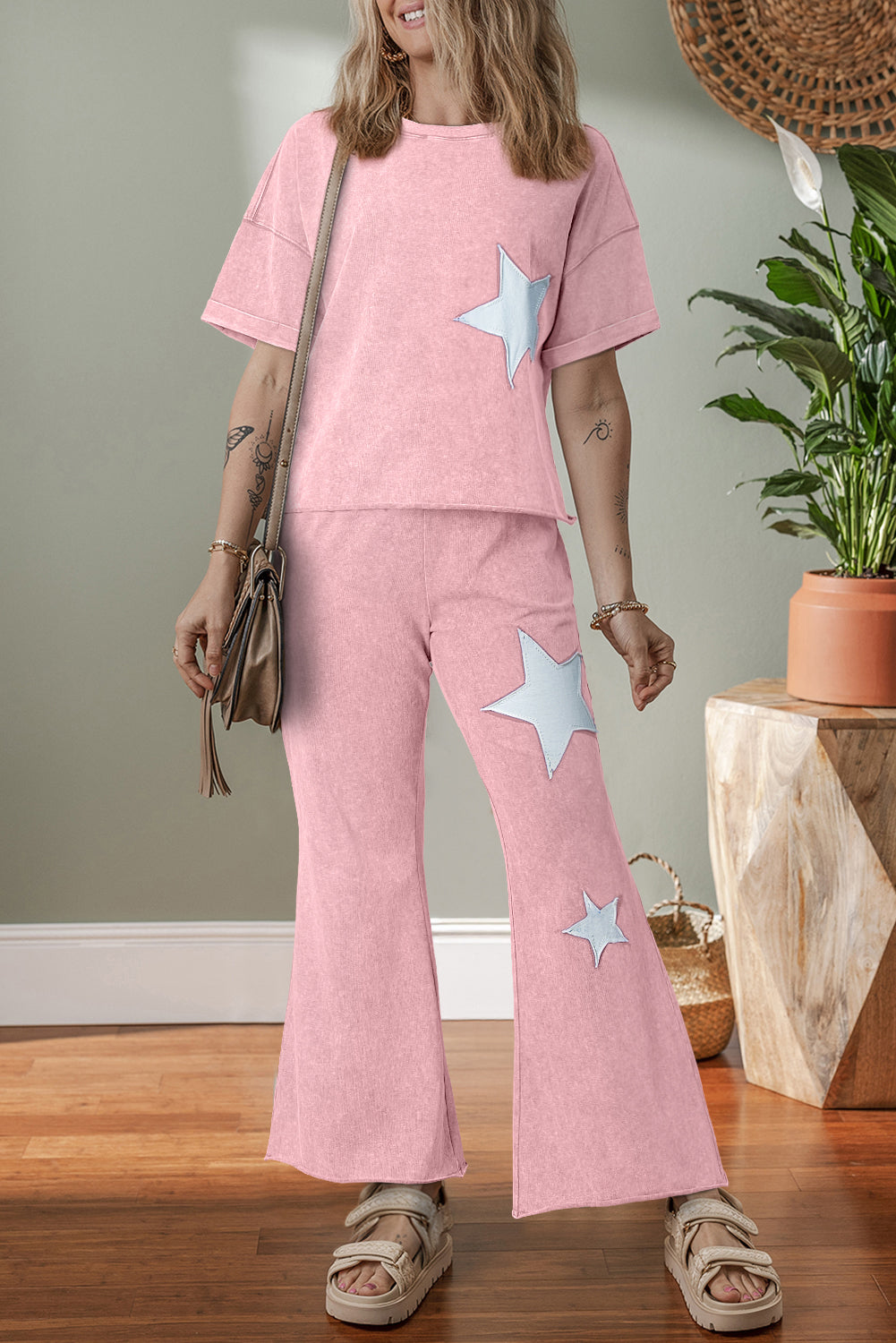 Mint Green Acid Wash Star Patched Rolled Trim Pants Set