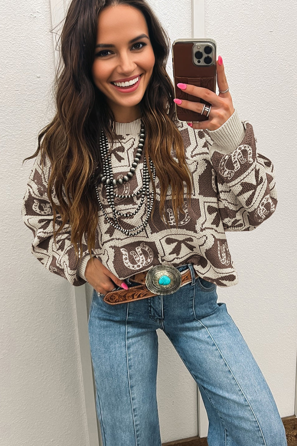 Brown Bows & Horseshoes Pattern Western Fashion Print Sweater