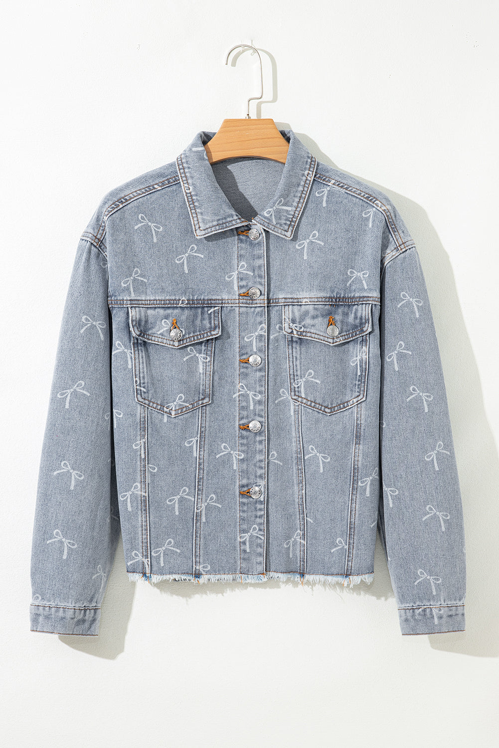 Raw Hem Denim Jacket Sky Blue Bow Knot Print Light Wash