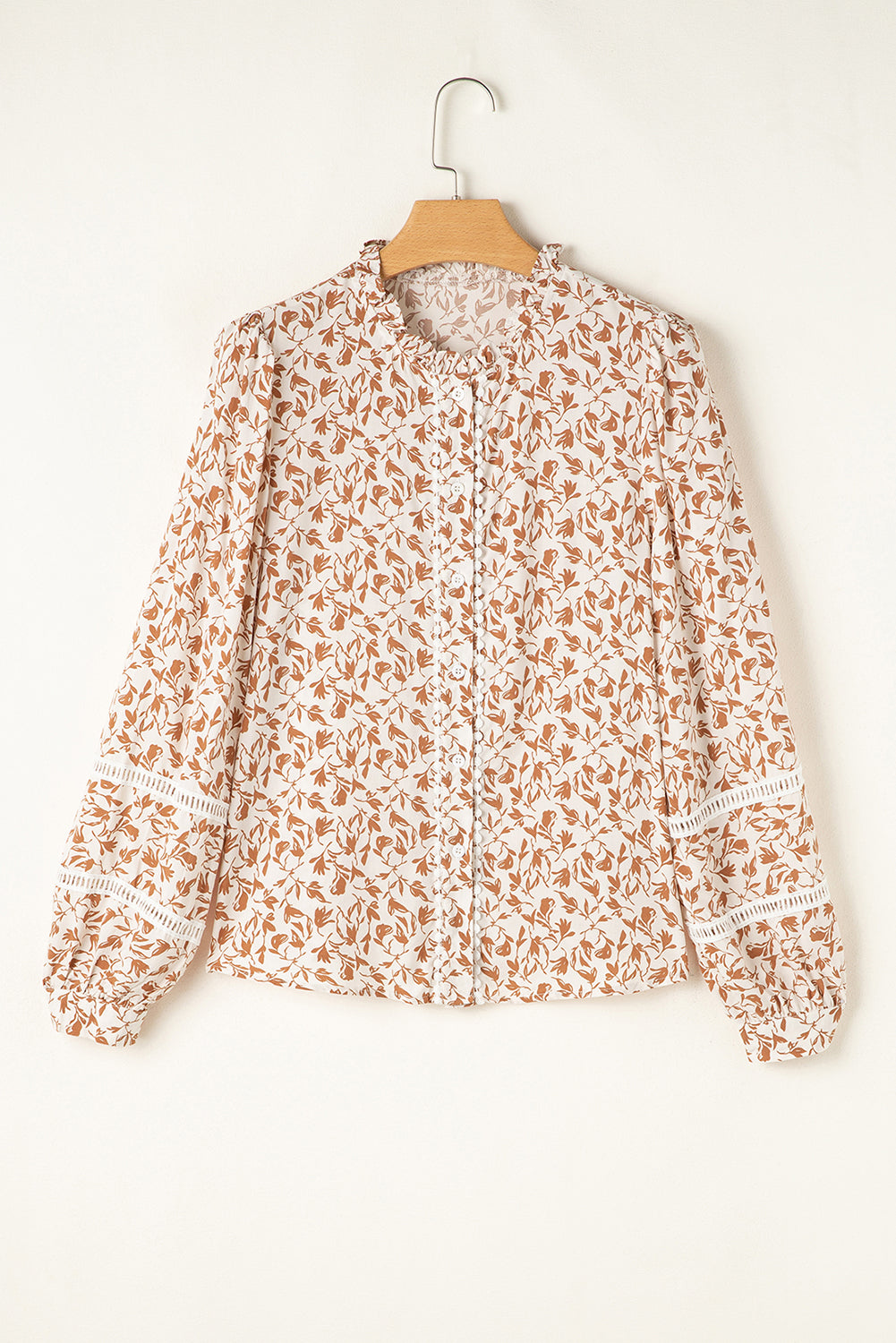 Green Printed Lace Detail Floral Puff Sleeve Fall Shirt