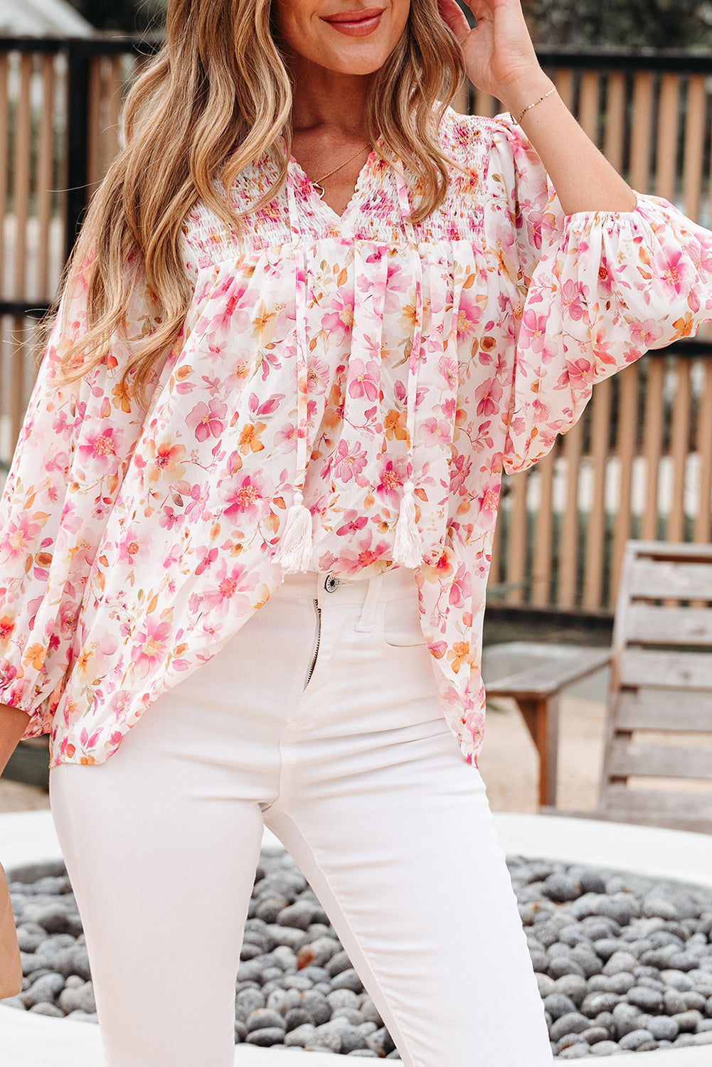 Pink Floral Print Tassel Tie Smocked V Neck Puff Sleeve Tunic Blouse