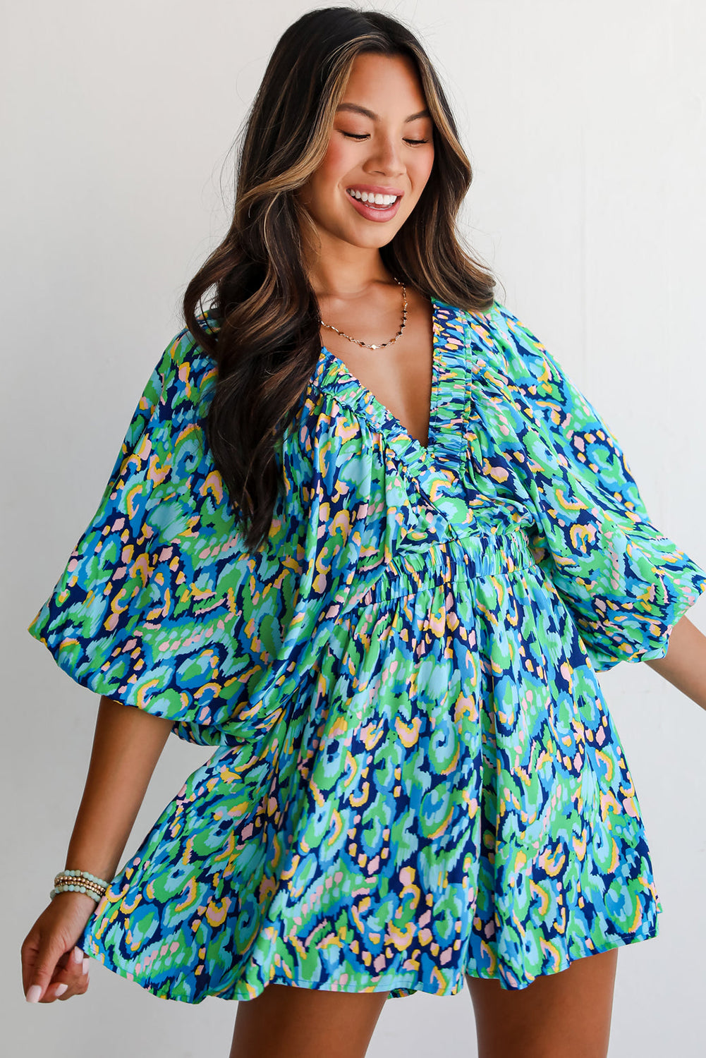 Romper Abstract Print Puff Sleeve V Neck High Waist