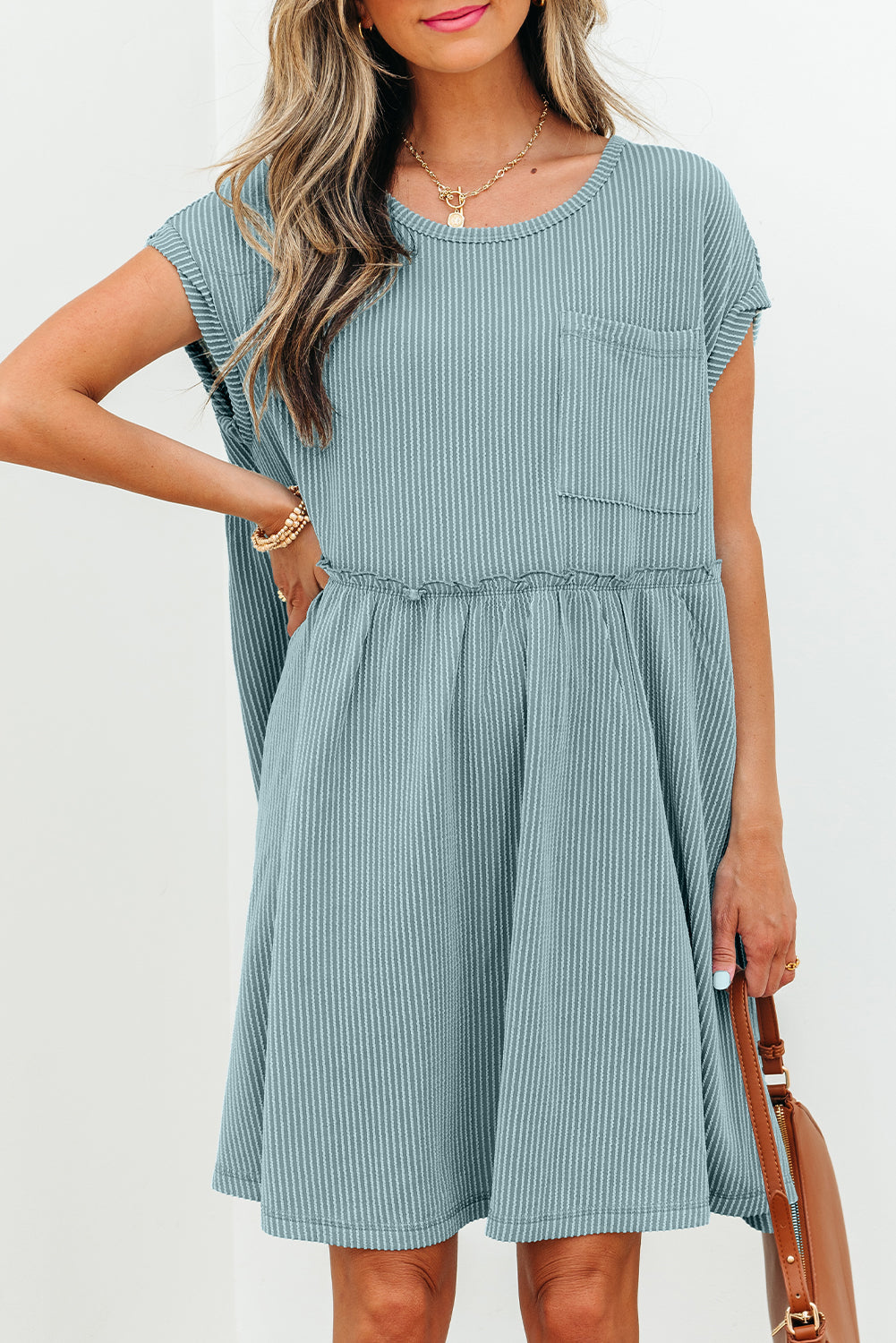 Corded Knit Textured Patched Pocket Frilled Swing Mini Dress with Pockets Dusty Pink