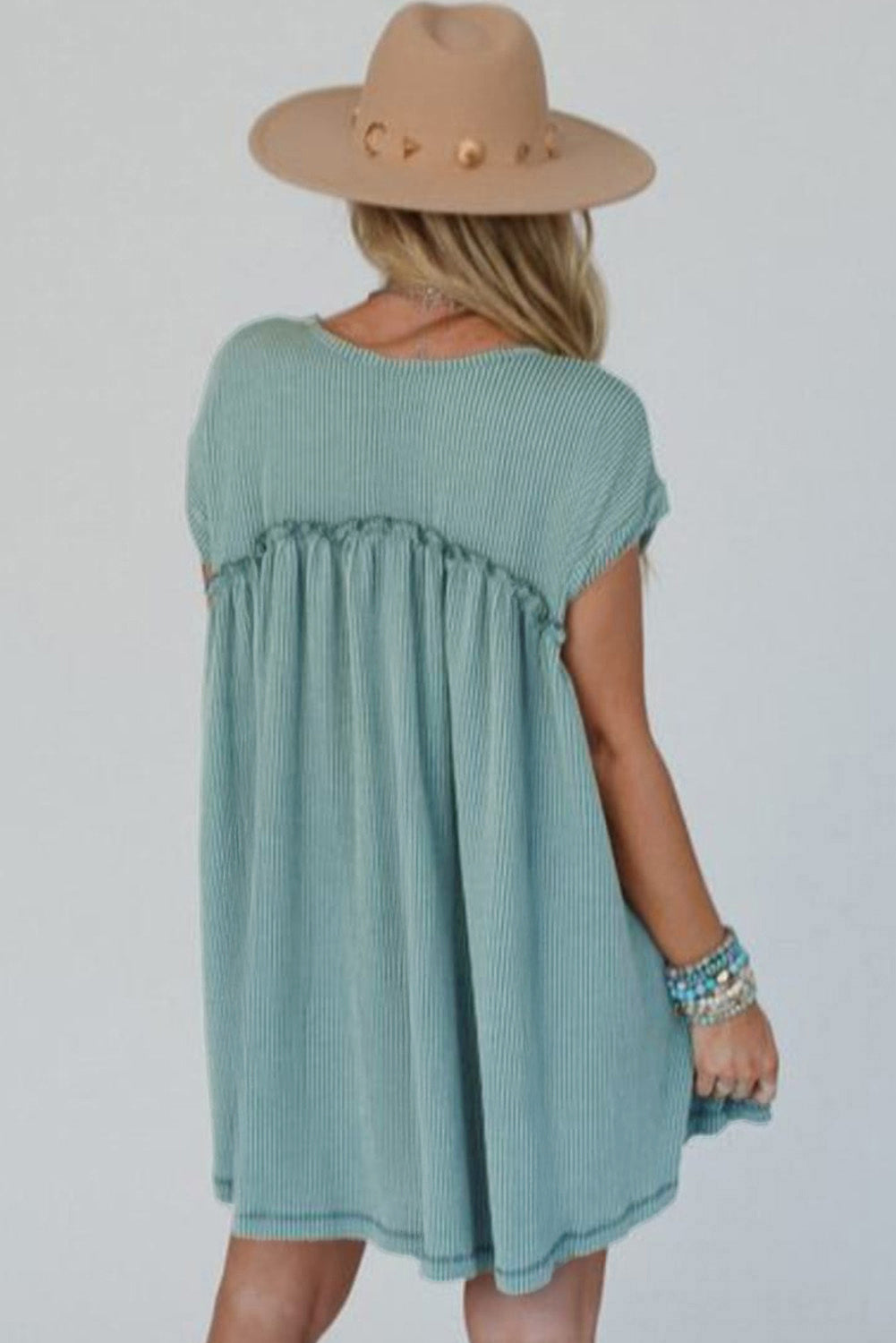 Corded Knit Textured Patched Pocket Frilled Swing Mini Dress with Pockets Dusty Pink