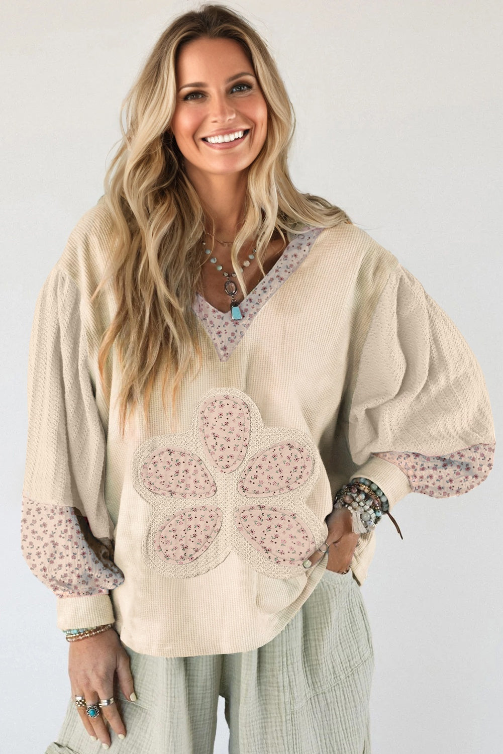 Pink Floral Patched Waffle Textured Colorblock V Neck Casual Hooded Top