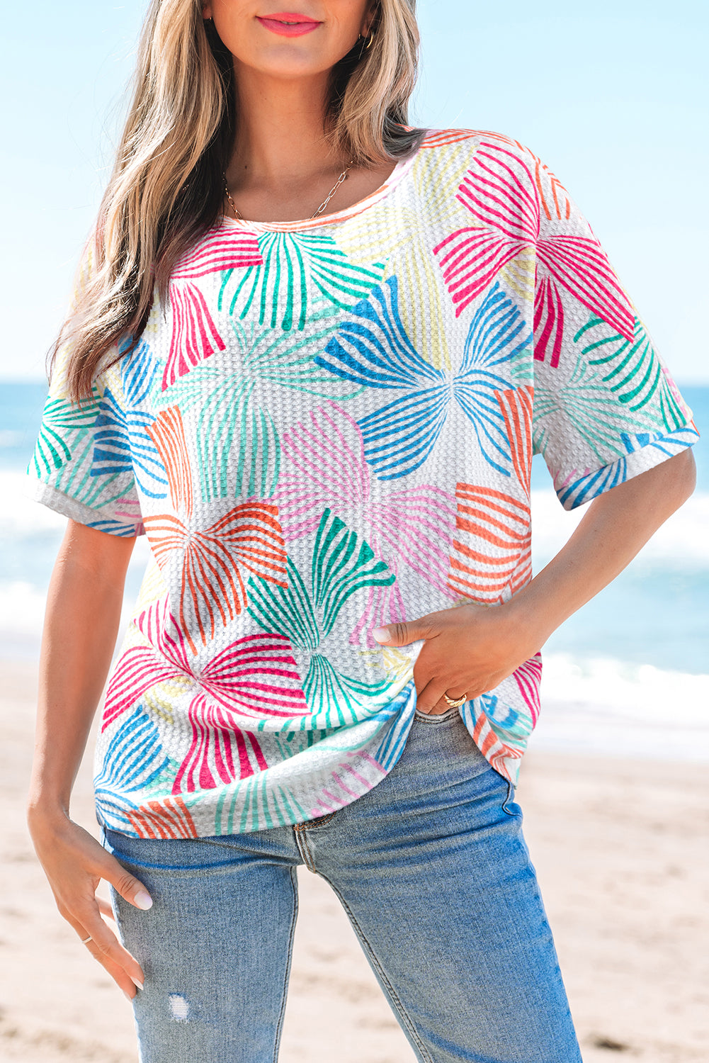 Sky Blue Bowknot Printed Waffle Crewneck Loose Short Sleeve Top