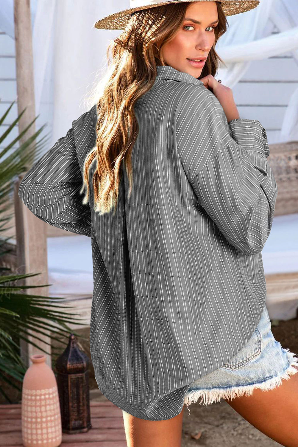 Green Stripe Button Up Oversized Casual Shirt