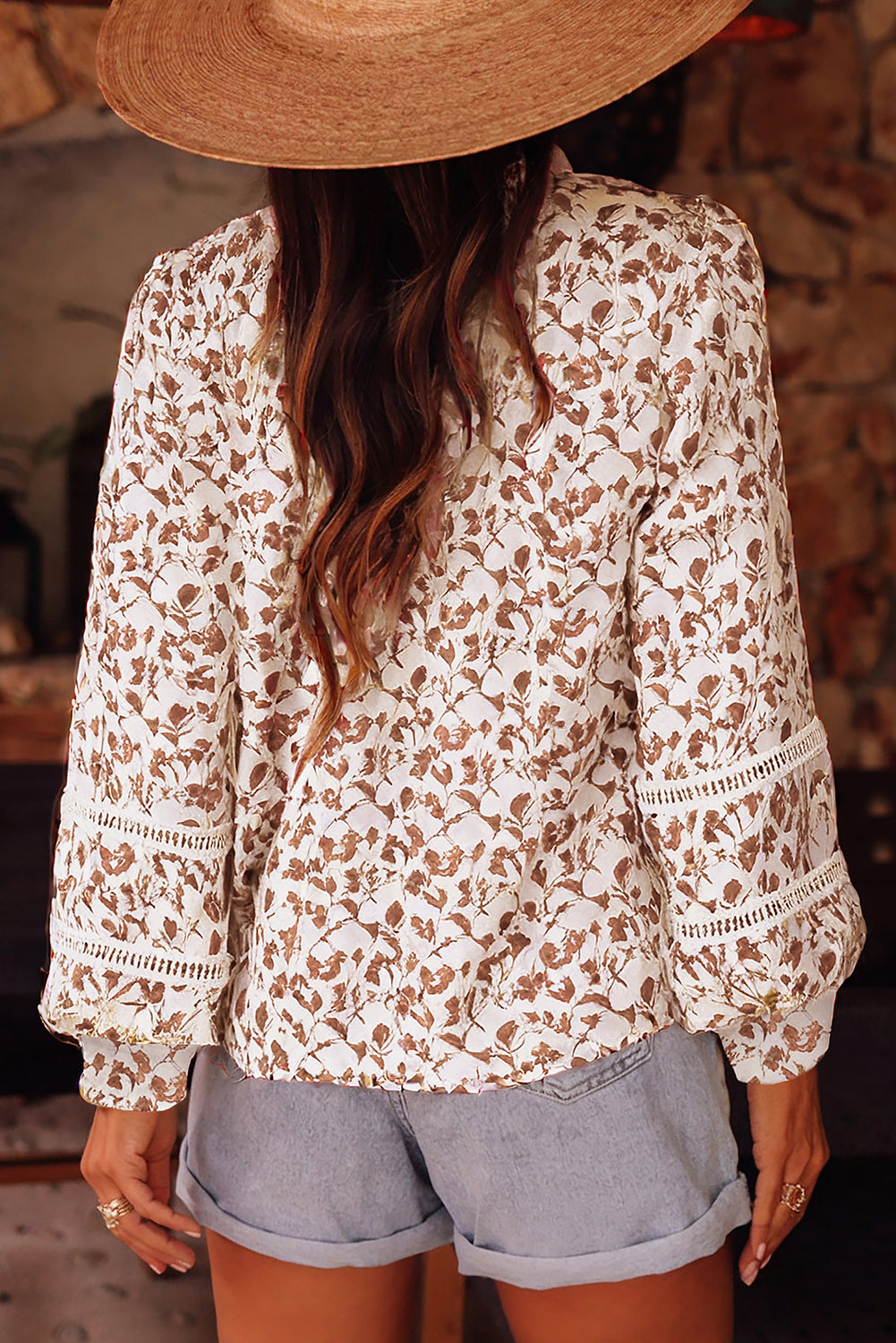Green Printed Lace Detail Floral Puff Sleeve Fall Shirt