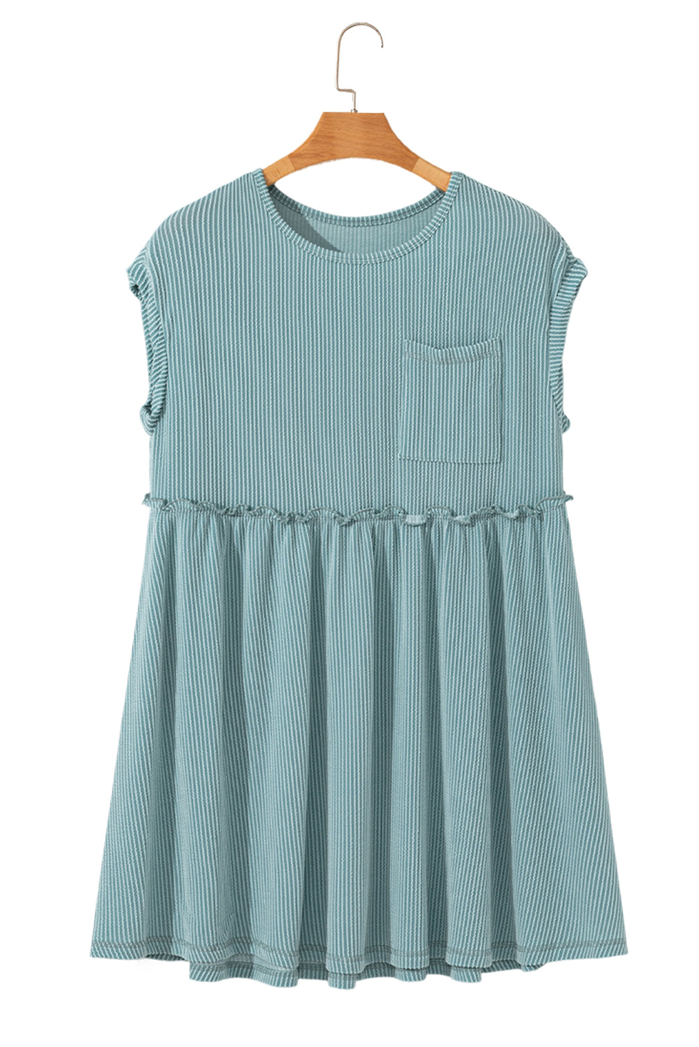 Corded Knit Textured Patched Pocket Frilled Swing Mini Dress with Pockets Dusty Pink