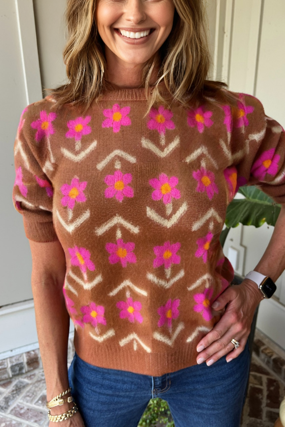 Brown Floral Short Puff Sleeve Sweater