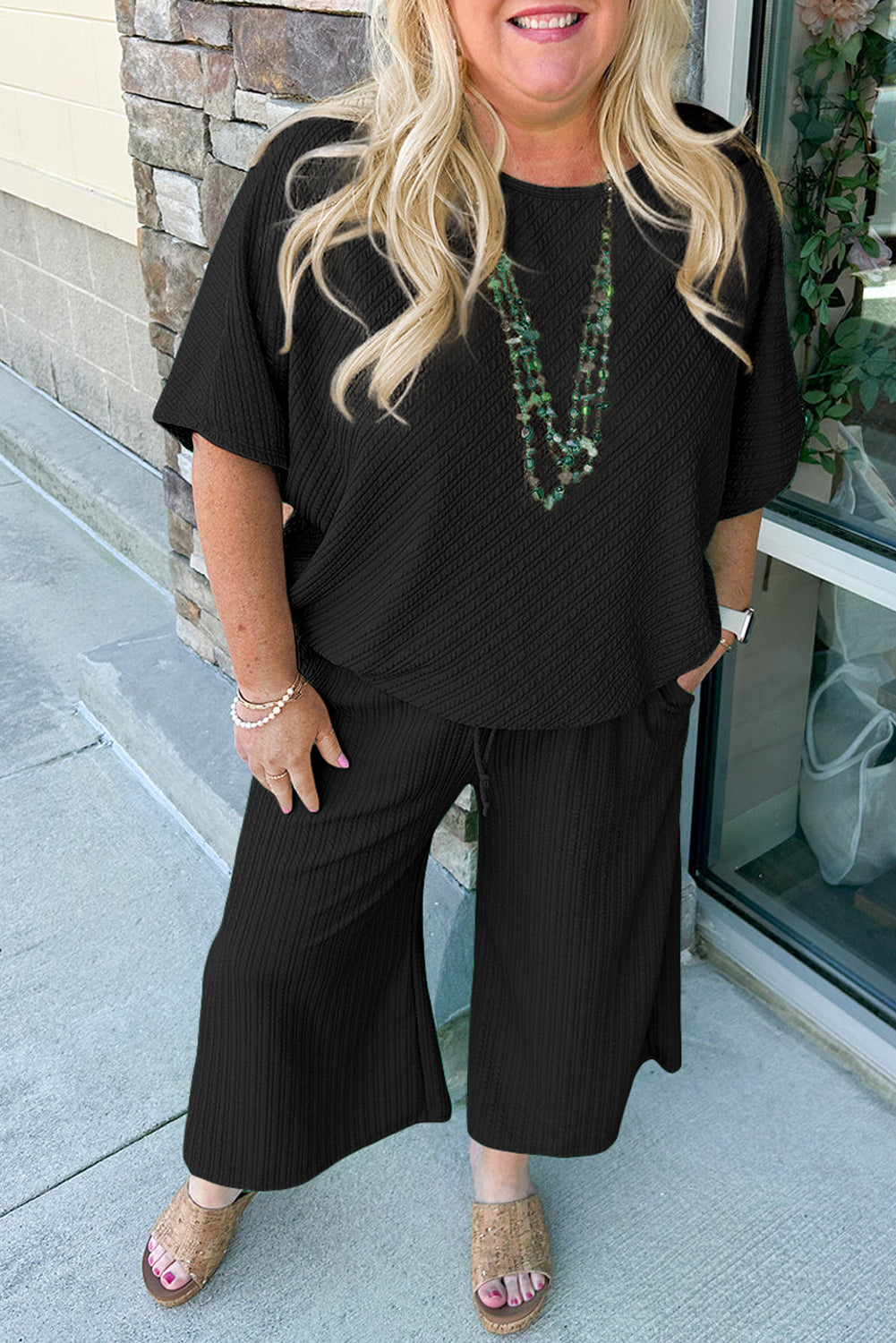Mint Green Textured Batwing Sleeve Tee Wide Leg Pants Plus Size Set