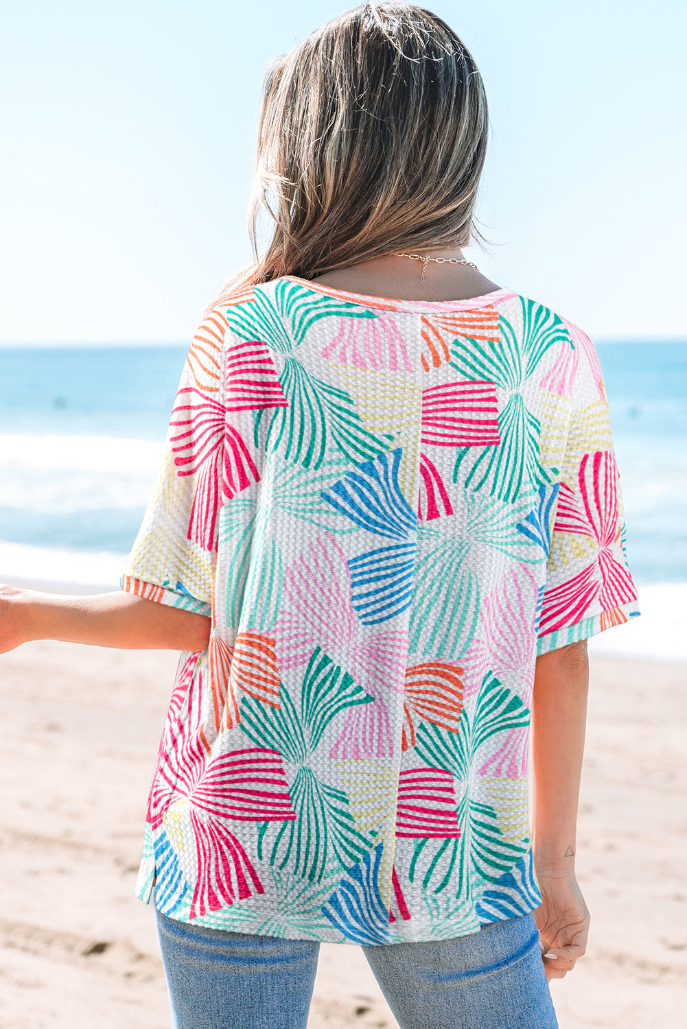 Sky Blue Bowknot Printed Waffle Crewneck Loose Short Sleeve Top