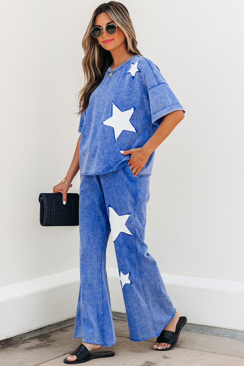 Mint Green Acid Wash Star Patched Rolled Trim Pants Set