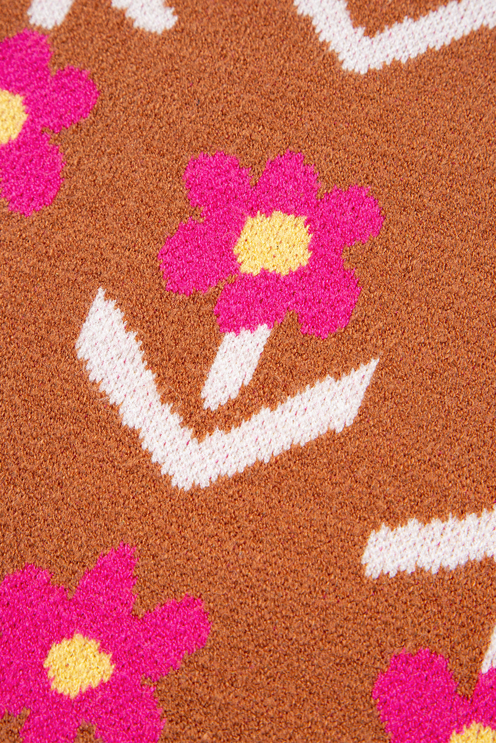 Brown Floral Short Puff Sleeve Sweater