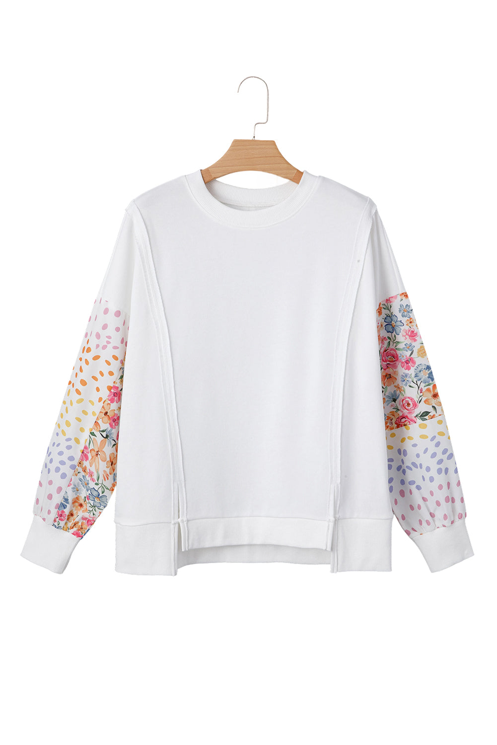 Casual Sweatshirt White Floral Dotted Mixed Print Patchwork Sleeve High Low