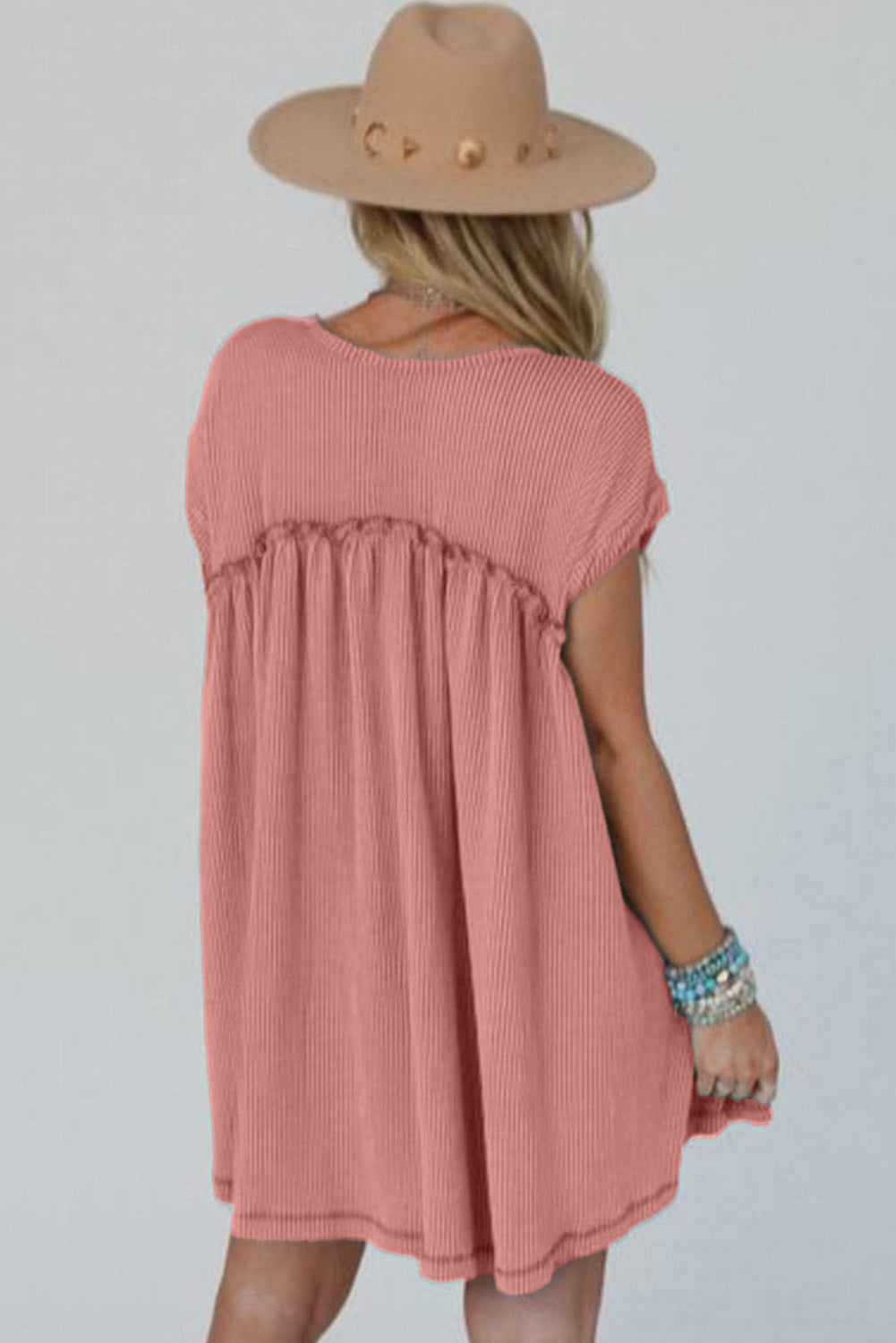 Corded Knit Textured Patched Pocket Frilled Swing Mini Dress with Pockets Dusty Pink