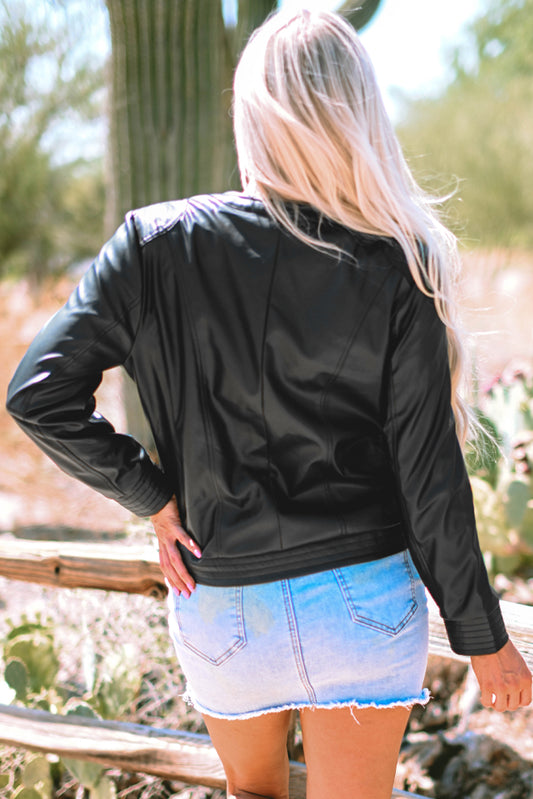 Bomber Jacket Black Solid Faux Leather Zipper Slim Fit