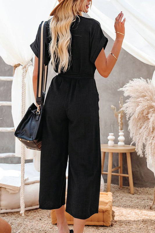 Pocketed Jumpsuit Black Dolman Button Belted V Neck Wide Leg