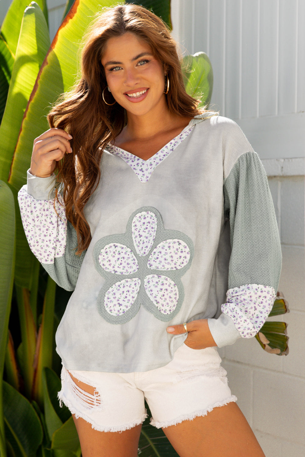 Pink Floral Patched Waffle Textured Colorblock V Neck Casual Hooded Top