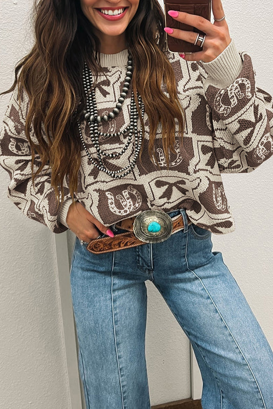 Brown Bows & Horseshoes Pattern Western Fashion Print Sweater