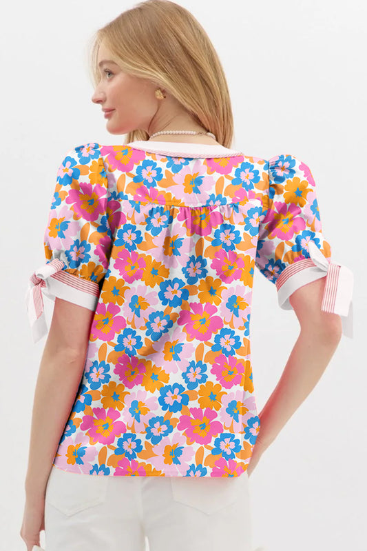 White Floral Colorblock Striped Edge V Neck Knotted Short Sleeve Blouse