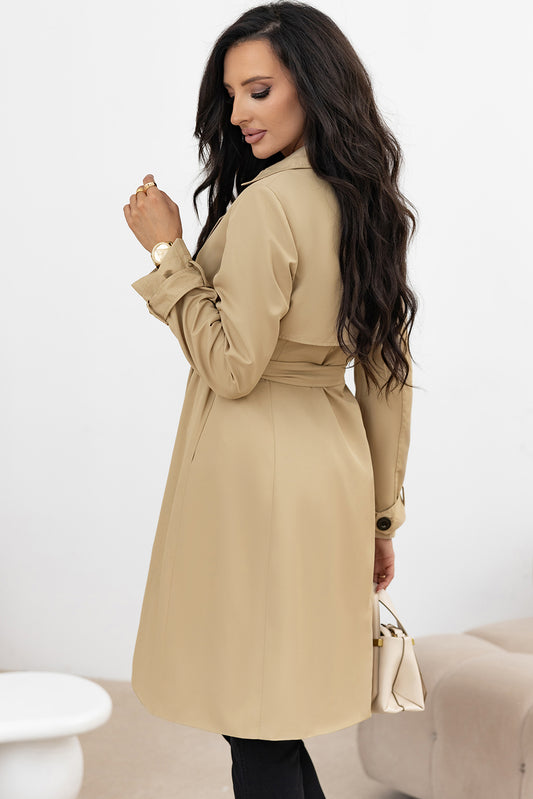 Wind Coat Pale Khaki Solid Color Lapel Collar Waist Tie