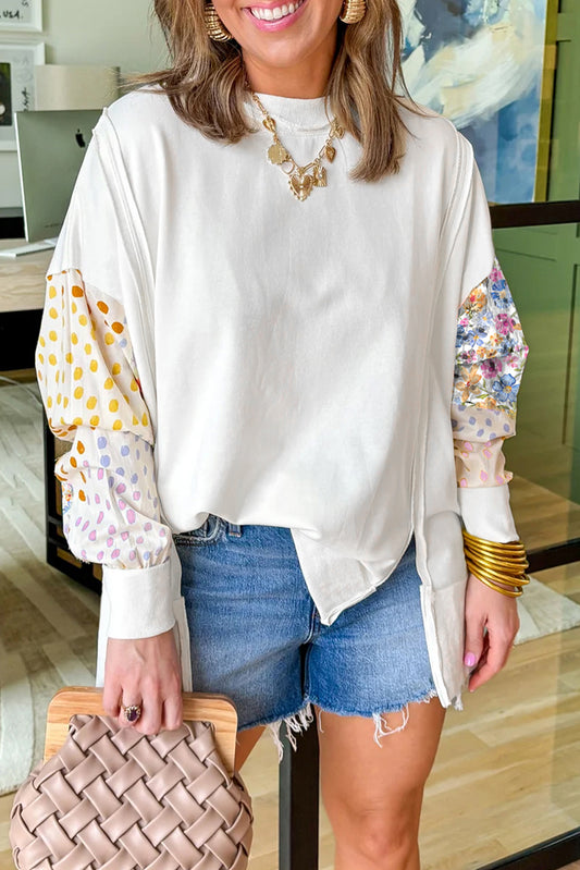 Casual Sweatshirt White Floral Dotted Mixed Print Patchwork Sleeve High Low