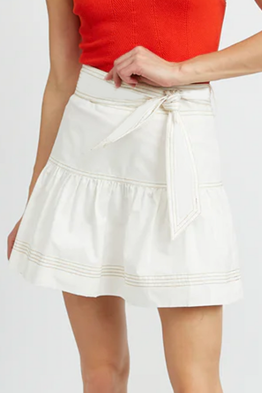 A-Line Mini Skirt White Contrast Stitching Trim Knotted High Waist