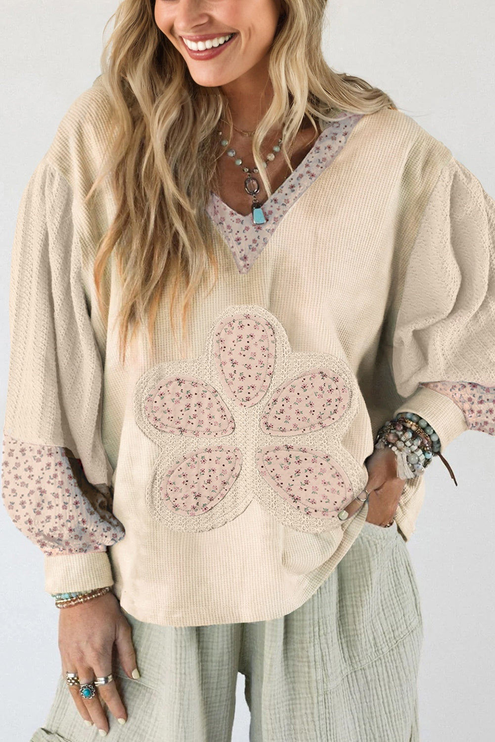 Pink Floral Patched Waffle Textured Colorblock V Neck Casual Hooded Top