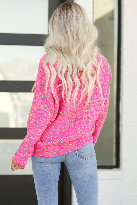 Casual Sweater Dark Pink Colorful Spots Knitted V Neck