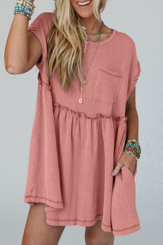 Corded Knit Textured Patched Pocket Frilled Swing Mini Dress with Pockets Dusty Pink