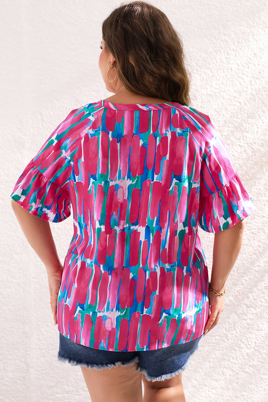 Blouse Rose Plus Brushstroke Ruffle Sleeve Button V Neck