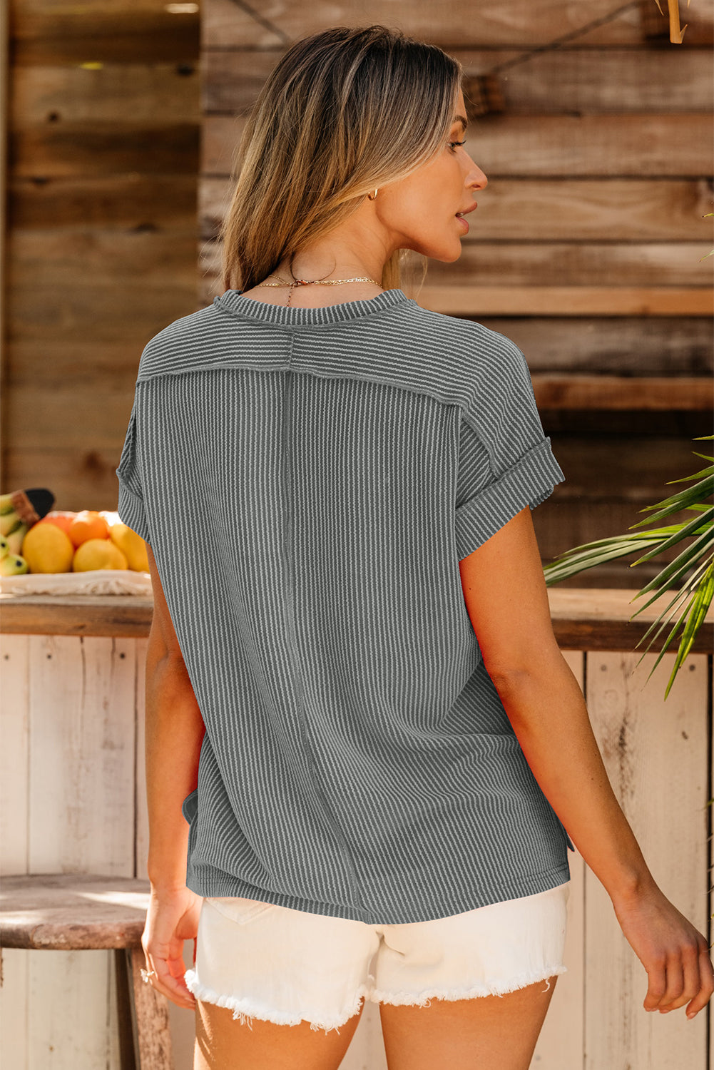 Black Textured Knit Exposed Stitching T-shirt
