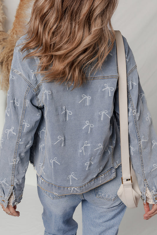 Raw Hem Denim Jacket Sky Blue Bow Knot Print Light Wash