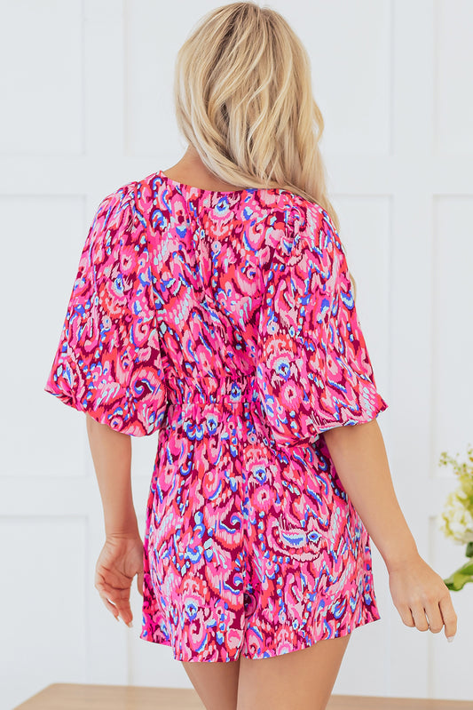 Romper Abstract Print Puff Sleeve V Neck High Waist