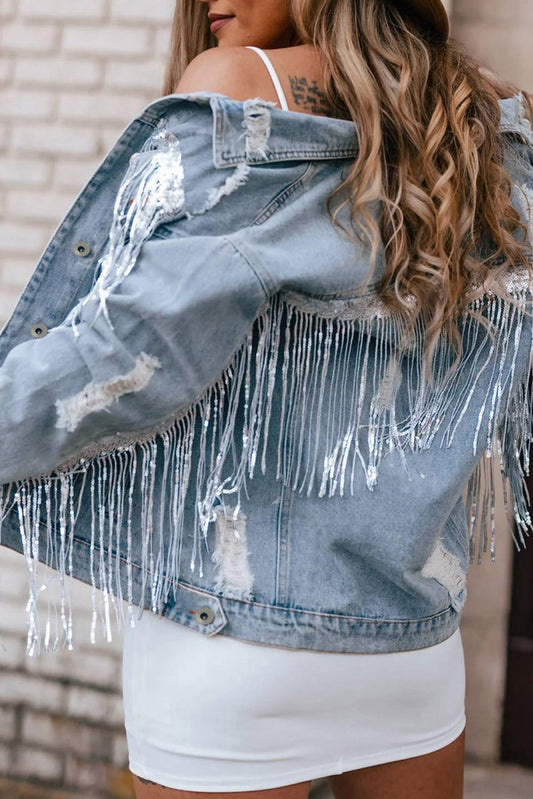 Denim Jacket Sky Blue Sequin Embellished Fringe Distressed