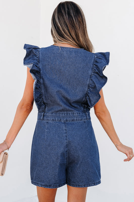 Belted Romper Sail Blue Denim Ruffled Zipped Front