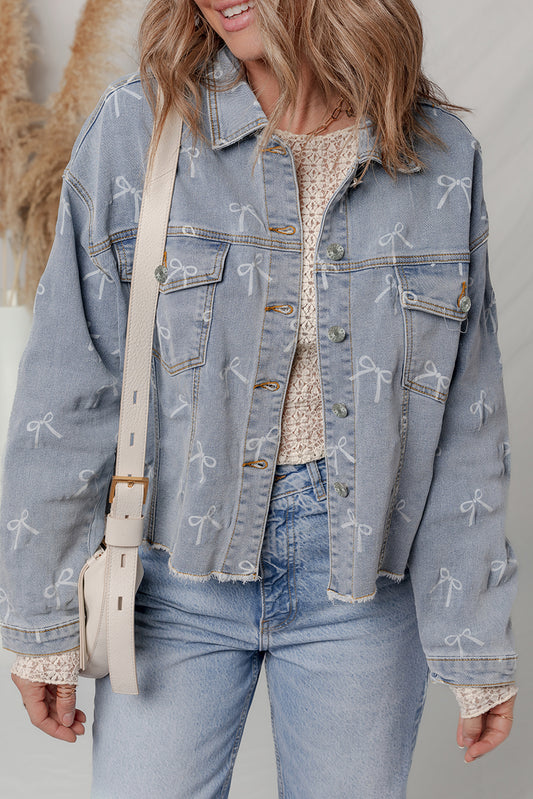 Raw Hem Denim Jacket Sky Blue Bow Knot Print Light Wash