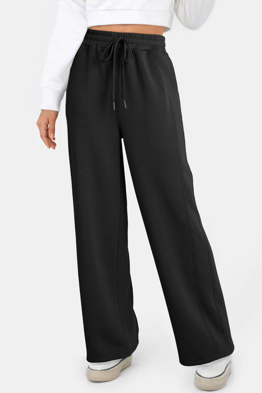 Black Scuba Drawstring High Waist Solid Color Sweatpants